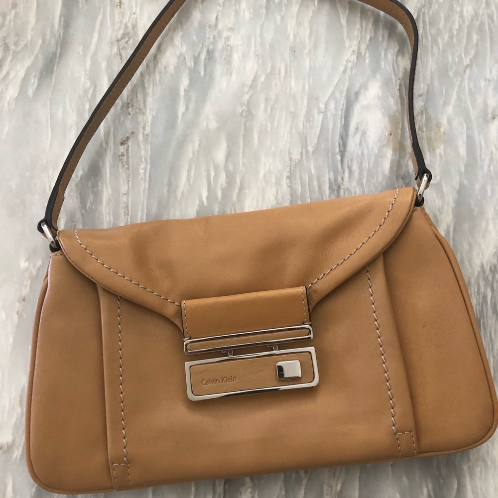 Calvin Klein Tan Leather Shoulder Bag with Silver Hardware